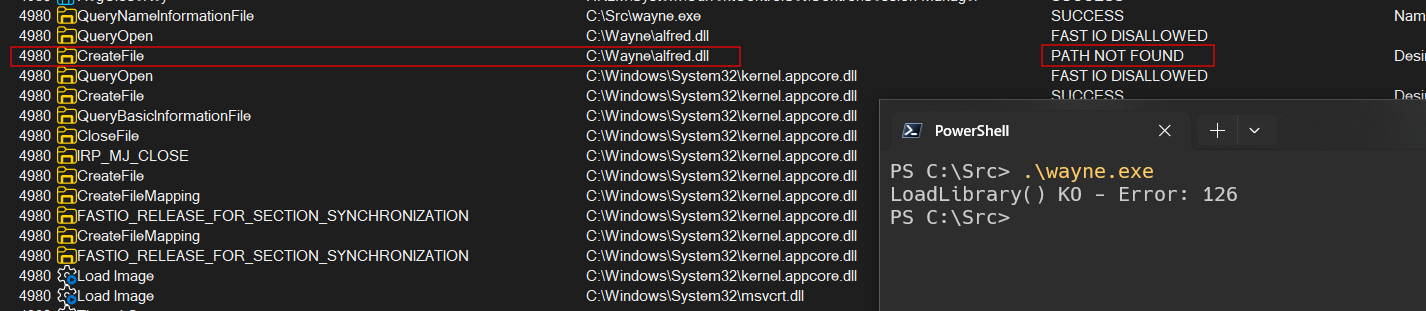 Procmon showing wayne.exe failing to load alfred.dll