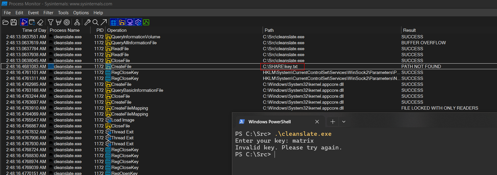 Procmon showing cleanslate.exe probing C:\Share\key.txt