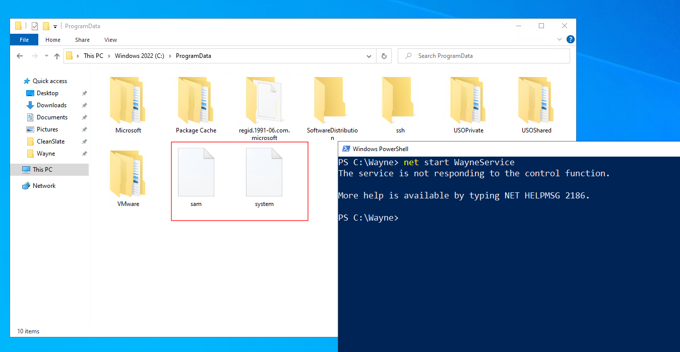 SAM and SYSTEM hive dumps staged in C:\ProgramData