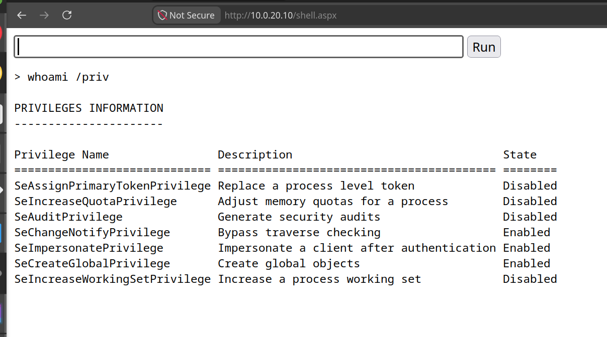 Webshell — whoami /priv: SeImpersonatePrivilege enabled
