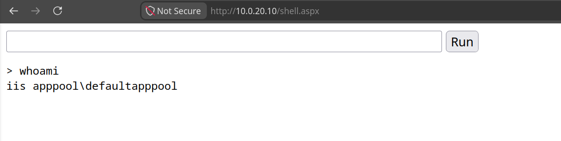 Webshell — whoami as iis apppool\defaultapppool